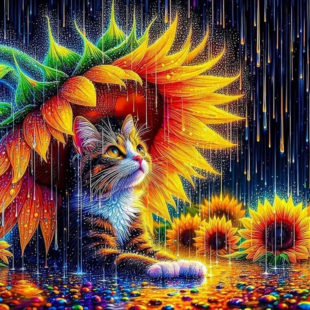 Sunflower Raining Cat DIY 5D Full Round Drill Diamond Painting